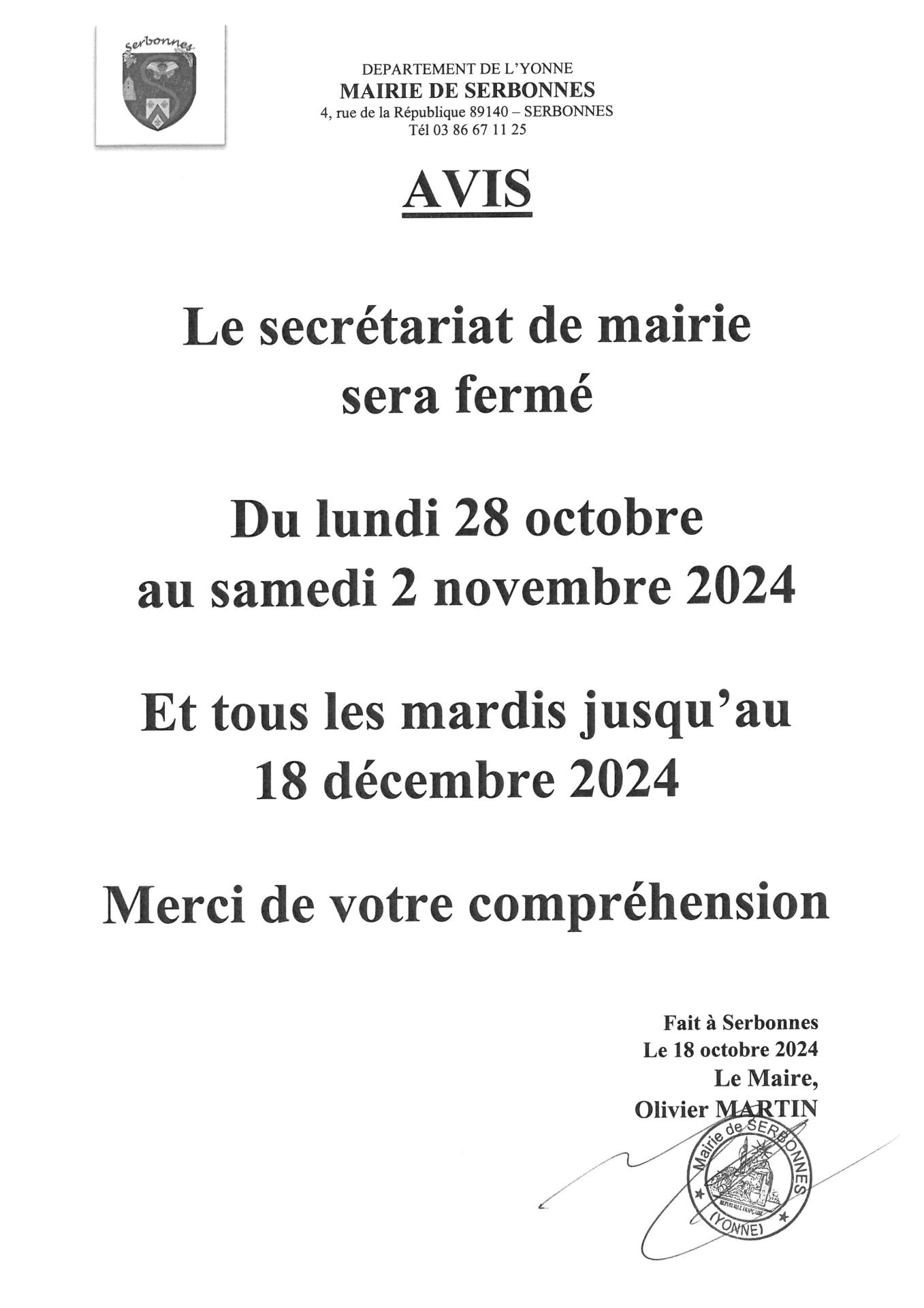 Avis fermeture mairie oct nov dec 2024